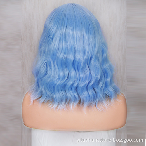 Blue Wavy Wig with Flat Bangs 14" Synthetic Natural Hair Heat Resistant Fiber Cosplay Wig for Women